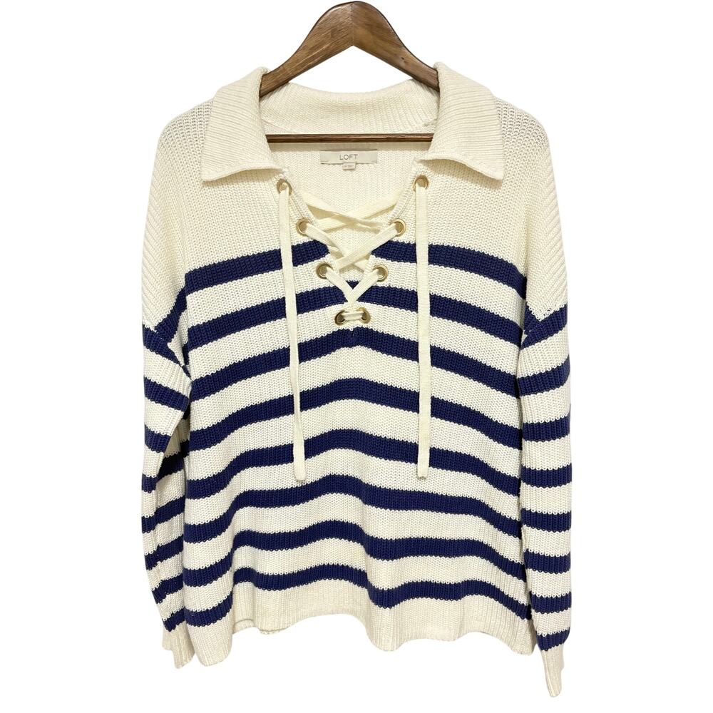 LOFT Nautical Stripe LaceUp Sweater Medium Ivory Blue Cotton Blend Collared Knit